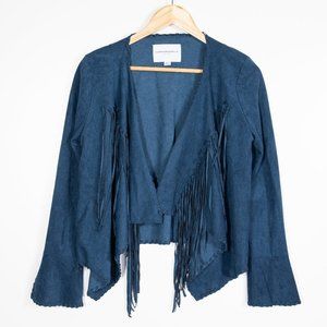 Blue suede fringe jacket with flared sleeves